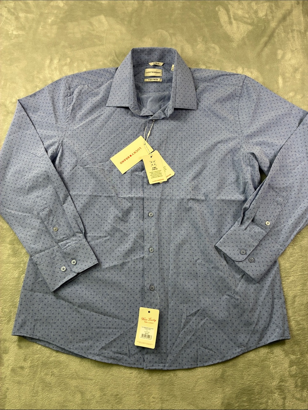 NWT Lucky Brand Men’s Large Slim Fit 4-Way Stretch Blue Geo Button Down Shirt